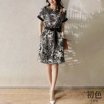 【初色】法式復古印花雪紡洋裝-黑白花-61320(M-2XL可選) 2XL 花色