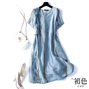 【初色】棉麻風印花洋裝-藍色-61716(M-2XL可選) L 藍色