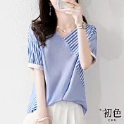 【初色】復古港味不對稱條紋襯衫-共2色-61341(M-XL可選) XL 藍色