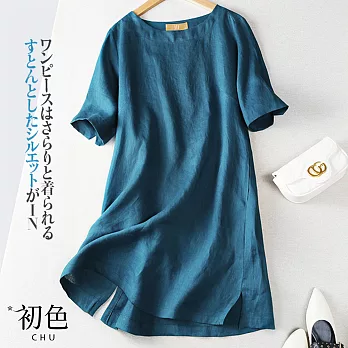 【初色】簡約休閒棉麻風洋裝-共3色-61102(M-2XL可選) L 藍色