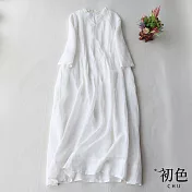 【初色】壓褶飄逸純色棉麻風洋裝-共4色-61725(M-2XL可選) XL 白色