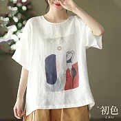 【初色】復古印花亞麻寬鬆短袖上衣-共3色-61568(M-2XL可選) XL 米白色