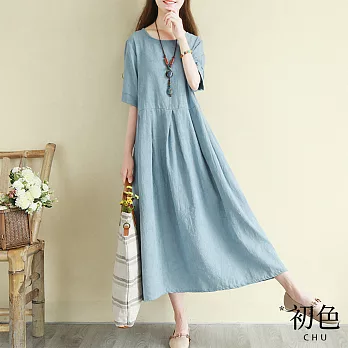 【初色】復古文藝棉麻風刺繡洋裝-共3色-61565(M-2XL可選) M 淺藍色