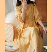 【初色】純色鏤空花棉麻洋裝-共7色-61445(M-2XL可選) L 黃色