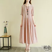 【初色】復古文藝棉麻風刺繡洋裝-共3色-61565(M-2XL可選) XL 粉紅色