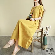 【初色】復古文藝棉麻風刺繡洋裝-共3色-61565(M-2XL可選) XL 黃色