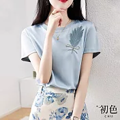 【初色】圓領刺繡透氣T恤上衣-冰藍色-61385(M-2XL可選) XL 冰藍色