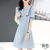 【初色】簡約氣質拚接百搭A字裙襬洋裝-藍色-61391(M-2XL可選) XL 藍色