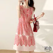 【初色】時尚圖騰印花洋裝-紅色-60871(M-2XL可選) L 紅色