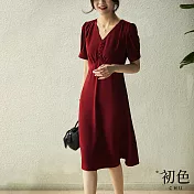【初色】V領氣質短袖洋裝-共4色-61101(M-XL可選) M 酒紅色