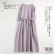 【初色】亞麻風圓領連衣裙-共2色-60745(M-2XL可選) L 紫色