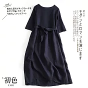 【初色】亞麻風圓領連衣裙-共2色-60745(M-2XL可選) L 藏青色