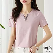 【初色】V領織帶短袖T恤-共3色-60900(M-2XL可選) XL 粉紫色