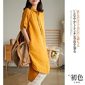【初色】復古文藝亞麻風中長版襯衫連衣裙-共5色-60930(M-2XL可選) L 黃色