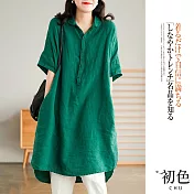 【初色】復古文藝亞麻風中長版襯衫連衣裙-共5色-60930(M-2XL可選) XL 綠色