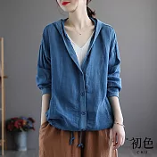 【初色】薄款棉麻風連帽外套-共4色-61053(M-2XL可選) M 藏青色