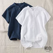【初色】亞麻風短袖立領襯衫-共3色-61030(M-2XL可選) 2XL 白色