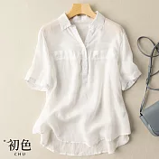 【初色】休閒百搭棉麻風襯衫上衣-共6款-61030(M-2XL可選) XL B.白色