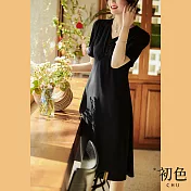 【初色】V領氣質短袖洋裝-共4色-61101(M-XL可選) M 黑色