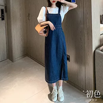 【初色】修身小開衩牛仔長裙背心裙-藍色-60906(M-XL可選) XL 藍色