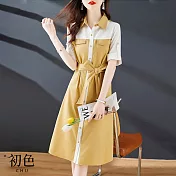 【初色】工裝風撞色拼接立領收腰連衣裙-黃色-60870(M-2XL可選) XL 黃色