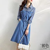 【初色】簡約收腰條紋拼接牛仔洋裝-淺藍色-60429(M-2XL可選) M 淺藍色