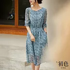 【初色】藤草印花繫帶連衣裙-灰藍色-60486(M-XL可選) M 灰藍色