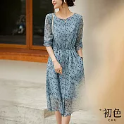 【初色】藤草印花繫帶連衣裙-灰藍色-60486(M-XL可選) XL 灰藍色