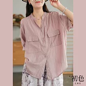 【初色】純色大口袋棉麻風立領襯衫-共4色-61583(M-2XL可選) M 粉紅色