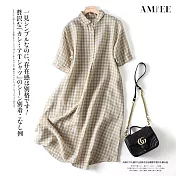 【AMIEE】日系棉麻格子連身洋裝(KDD-0202) M 米杏大格