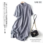 【AMIEE】日系棉麻格子連身洋裝(KDD-0202) L 藍白小格