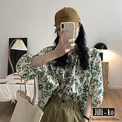 【Jilli~ko】復古花朵印花寬鬆薄款泡泡袖上衣 2417　 FREE 綠色