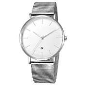 Geneva 日內瓦-簡約經典時標日曆米蘭帶手錶 _銀殼白面銀帶