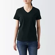 【MUJI 無印良品】女有機棉天竺V領短袖T恤 XS 黑色