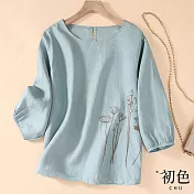 【初色】刺繡棉麻風五分袖上衣-共3色-62083(M-2XL可選) M 淺藍色