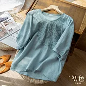 【初色】復古刺繡棉麻風上衣-共4色-62080(M-2XL可選) L 藍色