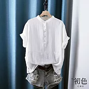 【初色】復古文藝立領棉麻風短袖襯衫-共3色-62075(M-2XL可選) XL 白色