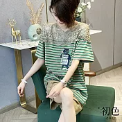 【初色】蕾絲拼接條文童趣印花T恤-綠色-62022(M-2XL可選) L 綠色