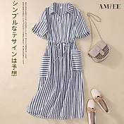 【AMIEE】優雅棉麻條紋短袖洋裝(KDD-C017) M 藍色條紋
