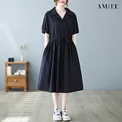 【AMIEE】氣質休閒百搭純色寬鬆洋裝(KDD-6240) XL 黑色
