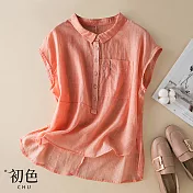 【初色】中大碼透氣棉麻風襯衫T恤-共3色-62189(L-2XL可選) XL 橘粉色