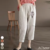 【ACheter】女孩手工刺繡大碼燈籠棉麻休閒褲#112937 XL 杏色