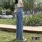【Jilli~ko】通季新款高腰直筒垂墜感顯瘦拖地牛仔褲 M-XL J9072  L 藍色