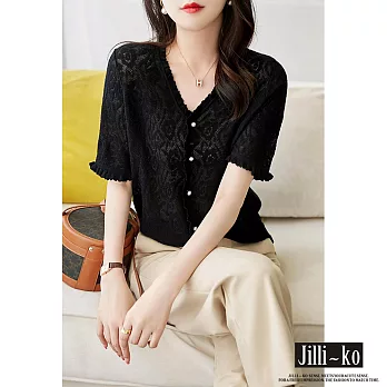 【Jilli~ko】夏季新款荷葉邊緹花百搭休閒冰絲針織衫 J9061  FREE 黑色