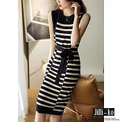 【Jilli~ko】不規則條紋時尚感繫帶針織背心連衣裙 J9051  FREE 深藍色