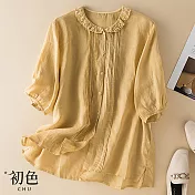 【初色】拼接蕾絲棉麻風襯衫上衣-共2色-62245(M-2XL可選) XL 黃色