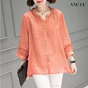 【AMIEE】日系寬鬆休閒棉麻上衣(KDT-4639) M 橙色