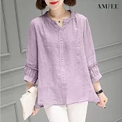 【AMIEE】日系寬鬆休閒棉麻上衣(KDT-4639) L 紫色