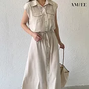 【AMIEE】日系設計感無袖翻領連身洋裝(KDD-7362) L 卡其色