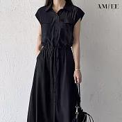 【AMIEE】日系設計感無袖翻領連身洋裝(KDD-7362) L 黑色